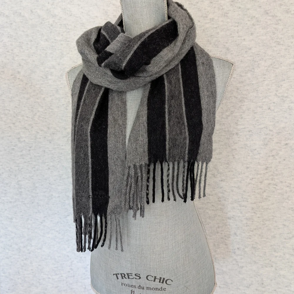 COACH 90/10 Wool & Cashmere Striped Fringe Scarf - Grey/Black